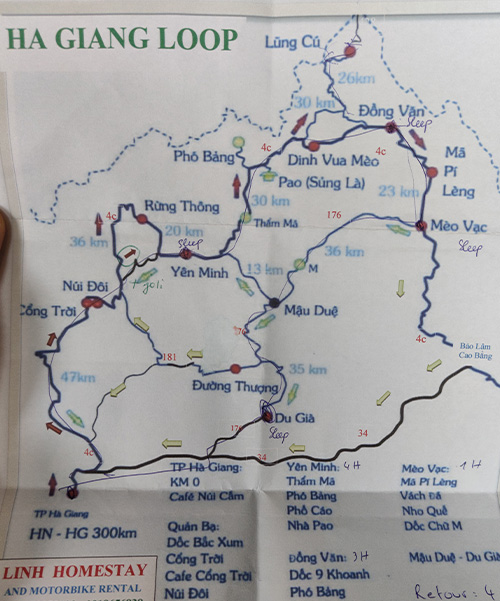 Carte boucle Ha Giang avec étapes, villes et km