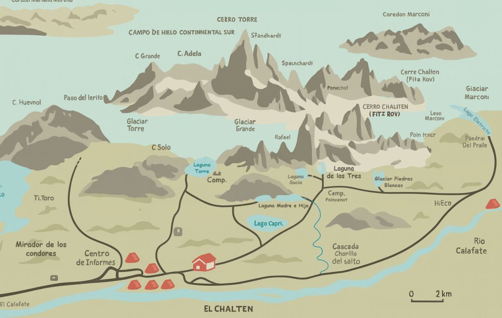 Carte des randonnées, lacs et montagnes à El Chalten